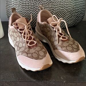 Coach Women’s Signature Logo Pink and Brown Lace-Up Sneakers